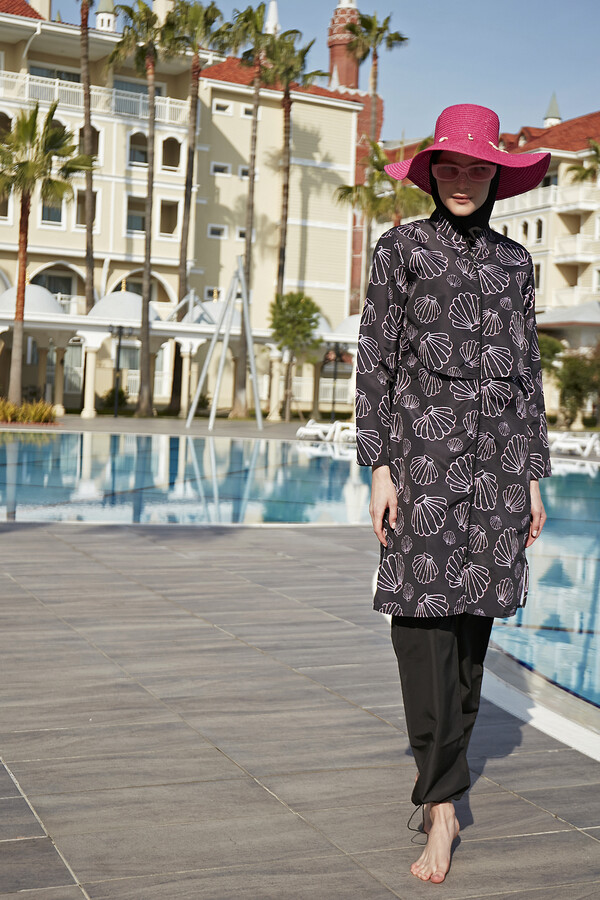 Covered Front Parachute Full-Coverage Modest Swimwear Set Midye - Thumbnail