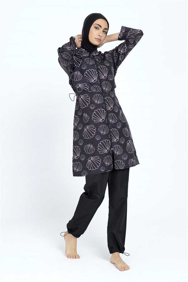 Covered Front Parachute Full-Coverage Modest Swimwear Set Midye - Thumbnail