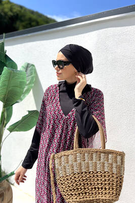 Remsa - Remsa Patterned Single Kaftan Pareo 430-306 Fuchsia for Modest Swimwear Remsa - Remsa Patterned Single Kaftan Pareo 430-306 Fuchsia for Modest Swimwear