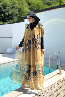 Remsa - Remsa Patterned Single Kaftan Pareo 430-310 Butterfly for Modest Swimwear