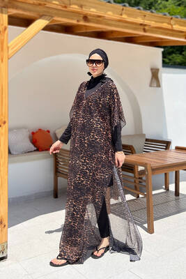 Remsa - Remsa Patterned Single Kaftan Pareo 430-313 Leopard for Modest Swimwear Remsa - Remsa Patterned Single Kaftan Pareo 430-313 Leopard for Modest Swimwear