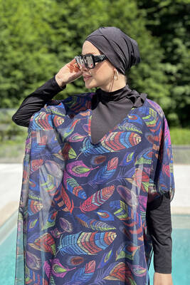Remsa - Remsa Patterned Single Kaftan Pareo 430-314 Feather Leaf for Modest Swimwear Remsa - Remsa Patterned Single Kaftan Pareo 430-314 Feather Leaf for Modest Swimwear