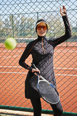 Remsa - Remsa Performance Lycra Fully Covered Swimsuit R043 Orange Black Remsa - Remsa Performance Lycra Fully Covered Swimsuit R043 Orange Black