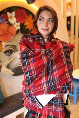 Remsa - Remsa Plaid Patterned Scarf Shoulder Shawl 70X180 cm 1202 Red (1)