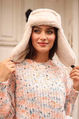 Remsa - Remsa Plush Beanie Hat with Snap Fastener and Fur Headphones RKŞ-03 Beige (1)