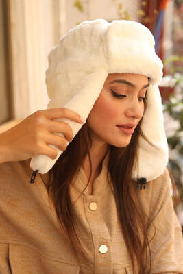 Remsa - Remsa Snap-Fur Furry Headphones Plush Beanie Hat RKŞ-03 Ecru (1)