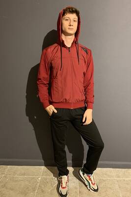 Remsa Spor - Remsa Spor Likralı Penye Kapşonlu Erkek Eşofman Takımı Kırmızı