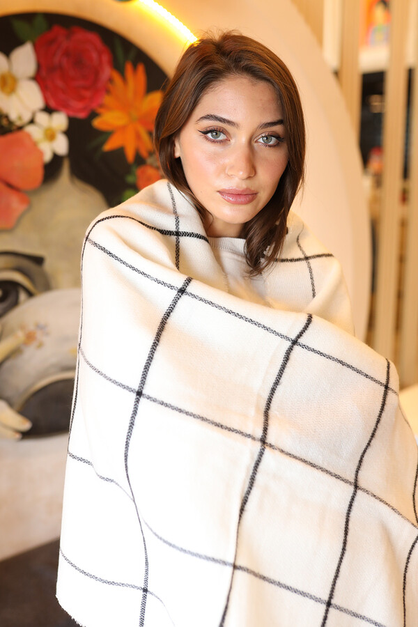 Remsa Square Patterned Scarf Shoulder Shawl 70X180 cm 1210 Ecru - Thumbnail