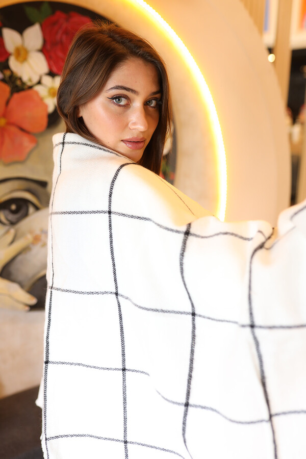 Remsa Square Patterned Scarf Shoulder Shawl 70X180 cm 1210 Ecru - Thumbnail