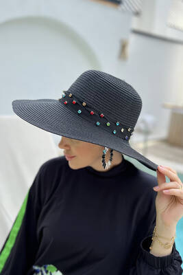 Remsa - Remsa Striped Stone Straw Hat RŞ-97 Black