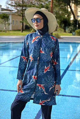 Remsa - Remsa Swimwear Covered Front Parachute Fully Covered Hijab Swimsuit Koi Goldfish Pattern R069B Koi Japan Remsa - Remsa Swimwear Covered Front Parachute Fully Covered Hijab Swimsuit Koi Goldfish Pattern R069B Koi Japan