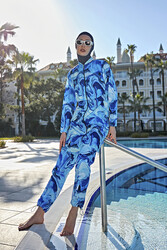 Remsa Mayo - Remsa Swimwear Covered Front Parachute Fully Covered Hijab Wave Pattern Swimsuit R070 Nil