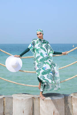Remsa - Remsa Swimsuit Hijab Swimsuit Patterned One-Caftan Pareo Green Leaves Remsa - Remsa Swimsuit Hijab Swimsuit Patterned One-Caftan Pareo Green Leaves