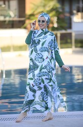 Remsa Mayo - Remsa Swimsuit Patterned Kaftan Pareo Green Leaves on Hijab Swimsuit