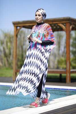 Remsa - Remsa Swimwear Fully Covered Hijab Zigzag Design Swimsuit Caftan Pareo Remsa - Remsa Swimwear Fully Covered Hijab Zigzag Design Swimsuit Caftan Pareo
