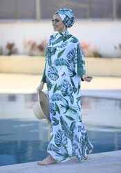 Remsa Mayo - Remsa Swimwear Kaftan Single Pareo Green Leaves Patterned on White Hijab Swimsuit
