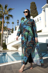 Remsa Mayo - Remsa Swimwear Hijab Swimsuit Gold Chain and Green Leaf Patterned Single Caftan Pareo 430-131 Zeliha
