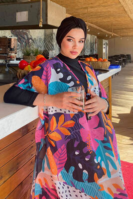 Remsa - Remsa Swimwear Hijab Swimsuit with Colorful Leaves and Flowers Patterned Single Kaftan Pareo 430-132 Fuchsia Remsa - Remsa Swimwear Hijab Swimsuit with Colorful Leaves and Flowers Patterned Single Kaftan Pareo 430-132 Fuchsia