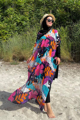 Remsa - Remsa Swimwear Hijab Swimsuit with Colorful Leaves and Flowers Patterned Single Kaftan Pareo 430-132 Fuchsia (1) Remsa - Remsa Swimwear Hijab Swimsuit with Colorful Leaves and Flowers Patterned Single Kaftan Pareo 430-132 Fuchsia (1)