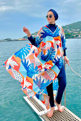 Remsa Mayo - Remsa Swimwear Hijab Swimsuit Marine Patterned Single Kaftan Pareo 430-134 Orange