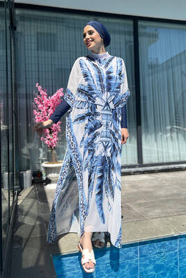 Remsa - Remsa Swimwear Hijab Blue Swimsuit with Big Leaves and Leopard Patterned Single Kaftan Pareo 430-301 Maldivian (1)