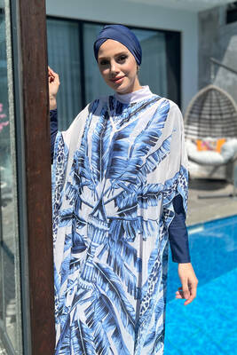 Remsa - Remsa Swimwear Hijab Blue Swimsuit with Big Leaves and Leopard Patterned Single Kaftan Pareo 430-301 Maldivian 