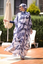 Remsa Mayo - Remsa Swimwear Kaftan Single Pareo Navy Blue Leaves Patterned on White Hijab Swimsuit