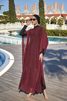 Remsa - Remsa Swimsuit Hijab Swimwear Over Patterned Single Caftan Pareo RP002 Burgundy Remsa - Remsa Swimsuit Hijab Swimwear Over Patterned Single Caftan Pareo RP002 Burgundy