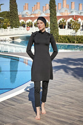 Remsa - Remsa Swimsuit Lycra Fully Off Shoulder Stylish Frilly Hijab Swimsuit R060 Nilgün Black (1) Remsa - Remsa Swimsuit Lycra Fully Off Shoulder Stylish Frilly Hijab Swimsuit R060 Nilgün Black (1)