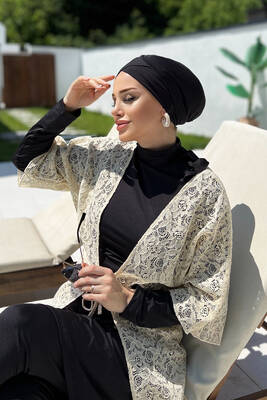 Remsa - Remsa Swimwear Open Front Pareo 498-601 Beige With Lace Patterned Remsa - Remsa Swimwear Open Front Pareo 498-601 Beige With Lace Patterned