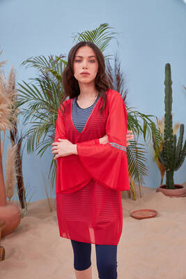 Remsa - Remsa Swimwear V-neck Short Pareo on Remsa Swimsuit 428-12 Red Remsa - Remsa Swimwear V-neck Short Pareo on Remsa Swimsuit 428-12 Red