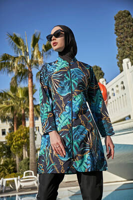 Remsa - Remsa Swimsuit Parachute Chain and Leaf Fully Covered Hijab Swimsuit ZELİHA Remsa - Remsa Swimsuit Parachute Chain and Leaf Fully Covered Hijab Swimsuit ZELİHA