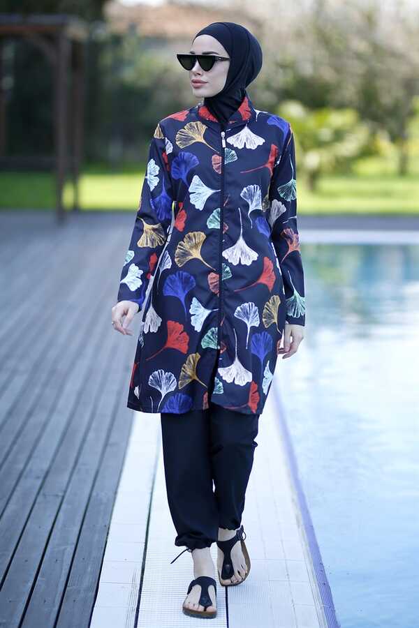 Emayo Fully Covered Hijab Swimsuit Sea Swimwear 2003 Patterned Ruken Purple Batik - Thumbnail