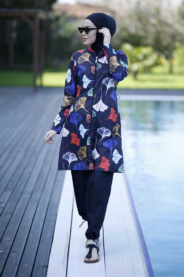 Emayo Fully Covered Hijab Swimsuit Sea Swimwear 2003 Patterned Ruken Purple Batik - Thumbnail