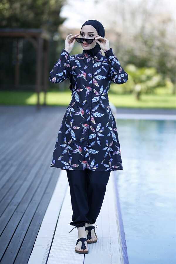 Remsa Swimsuit Parachute Fully Covered Hijab Swimsuit Bird Feathers 2102 Gonca - Thumbnail
