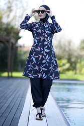 Remsa Mayo - Remsa Swimwear Colorful Feather Pattern Fully Covered Hijab Parachute Swimsuit 2102 Gonca