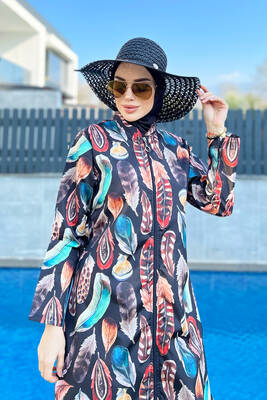 Remsa - Remsa Swimwear Parachute Lycra Colorful Feather Pattern Fully Covered Hijab Swimsuit 2108 Güzin (1)