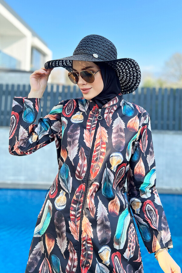 Remsa Swimwear Parachute Lycra Colorful Feather Pattern Fully Covered Hijab Swimsuit 2108 Güzin - Thumbnail