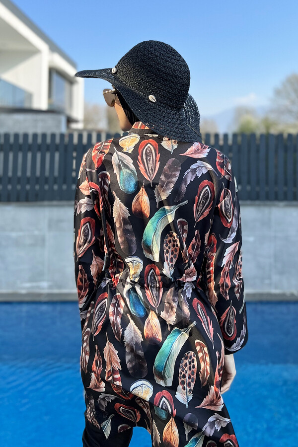 Remsa Swimwear Parachute Lycra Colorful Feather Pattern Fully Covered Hijab Swimsuit 2108 Güzin - Thumbnail
