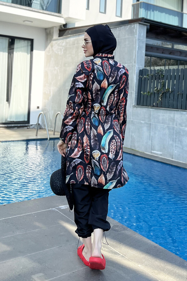 Remsa Swimwear Parachute Lycra Colorful Feather Pattern Fully Covered Hijab Swimsuit 2108 Güzin - Thumbnail