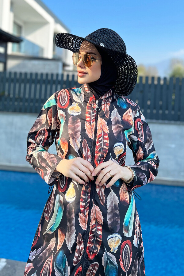 Remsa Swimwear Parachute Lycra Colorful Feather Pattern Fully Covered Hijab Swimsuit 2108 Güzin - Thumbnail