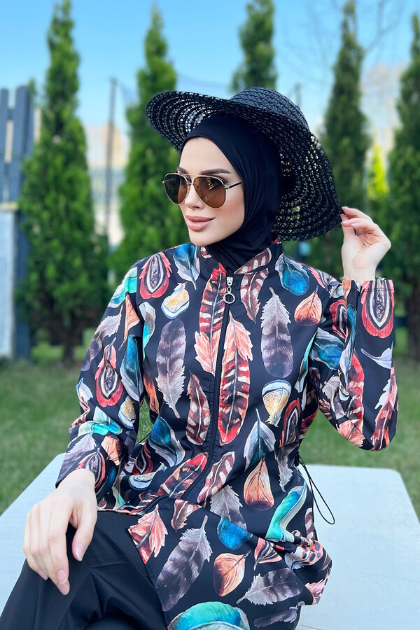 Remsa Swimwear Parachute Lycra Colorful Feather Pattern Fully Covered Hijab Swimsuit 2108 Güzin - Thumbnail