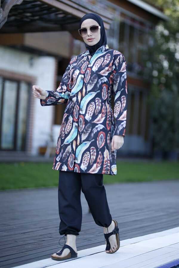 Remsa Swimwear Parachute Lycra Colorful Feather Pattern Fully Covered Hijab Swimsuit 2108 Güzin - Thumbnail