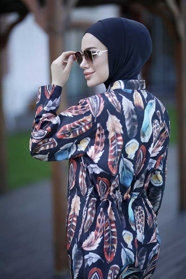 Remsa Swimwear Parachute Lycra Colorful Feather Pattern Fully Covered Hijab Swimsuit 2108 Güzin - Thumbnail