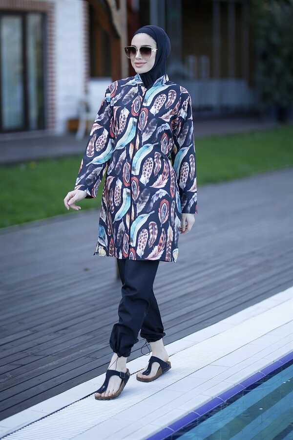 Remsa Swimwear Parachute Lycra Colorful Feather Pattern Fully Covered Hijab Swimsuit 2108 Güzin - Thumbnail