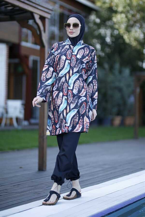 Remsa Swimwear Parachute Lycra Colorful Feather Pattern Fully Covered Hijab Swimsuit 2108 Güzin - Thumbnail