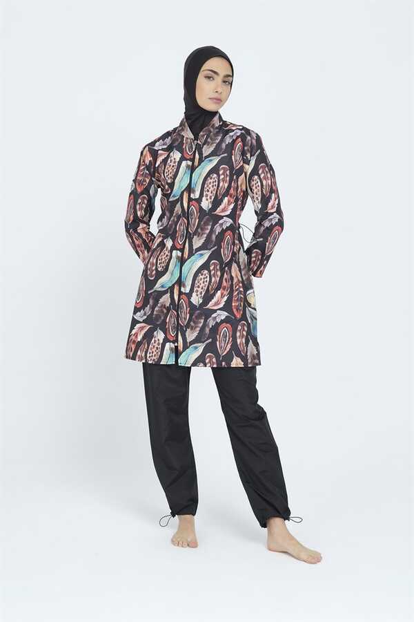 Remsa Swimwear Parachute Lycra Colorful Feather Pattern Fully Covered Hijab Swimsuit 2108 Güzin - Thumbnail