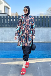 Remsa Mayo - Remsa Swimwear Parachute Lycra Colorful Feather Pattern Fully Covered Hijab Swimsuit 2108 Güzin