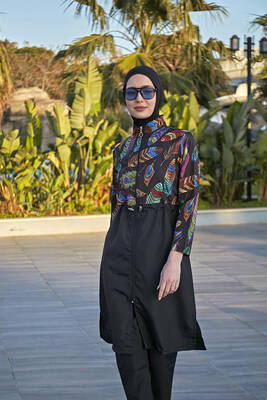 Remsa - Remsa Swimwear Parachute Fully Covered Hijab Swimsuit Colorful Feather Leaf Patterned 2113 FUNDA (1) Remsa - Remsa Swimwear Parachute Fully Covered Hijab Swimsuit Colorful Feather Leaf Patterned 2113 FUNDA (1)