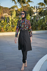 Remsa Mayo - Remsa Swimwear Parachute Fully Covered Hijab Swimsuit Colorful Feather Leaf Patterned 2113 FUNDA